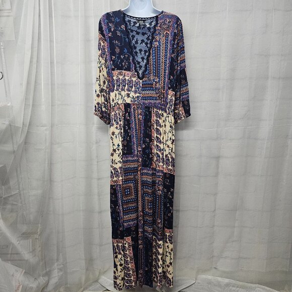 One World Dress Blue Peasant Hippie Patchwork Maxi Floral Boho 1X - Picture 5 of 10